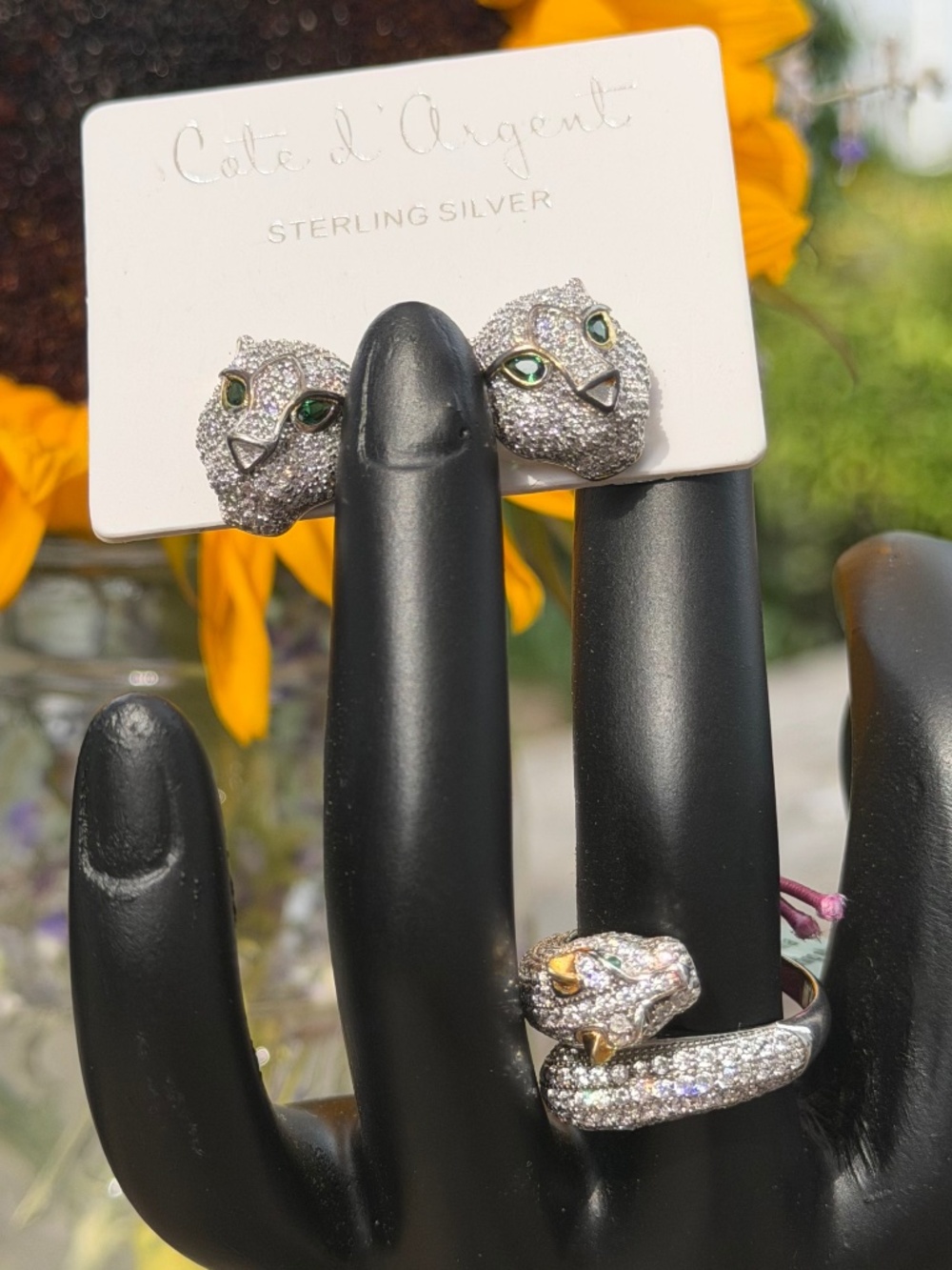 Vtg Sterling Silver Panther Ring and Earrings Set – Pave CZ Big Cat Jewelry